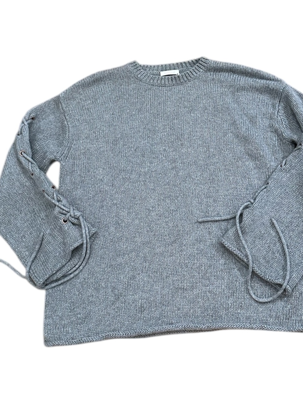 See By Chloe Gray Crewneck Sweater with Lace-Up Sleeves